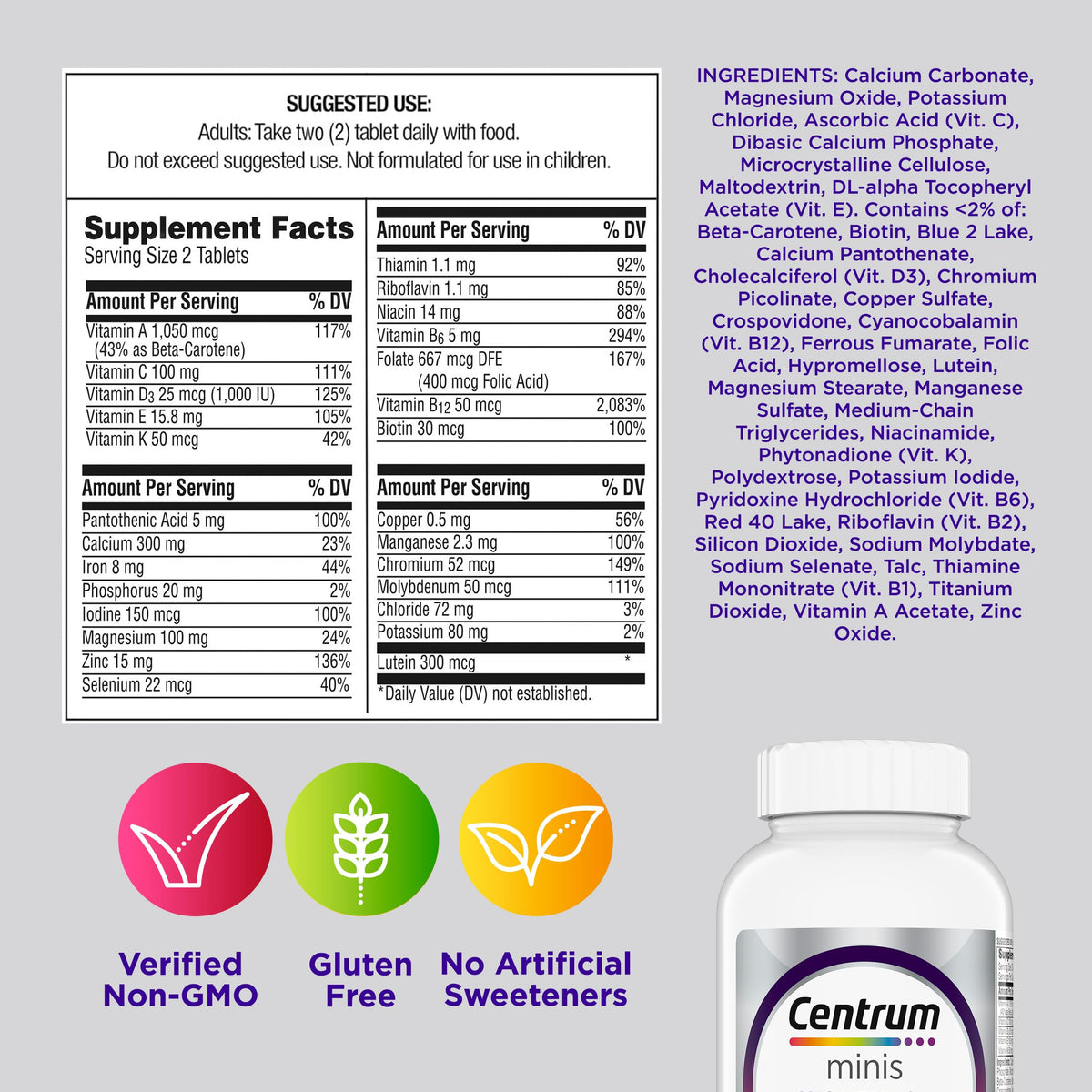 Buy supplements Centrum Minis Silver Women's Multivitamin for Women 50 Plus, Multimineral Supplement with Vitamin D3, B Vitamins, Non-GMO Ingredients - Vitaza UK Supplements UK