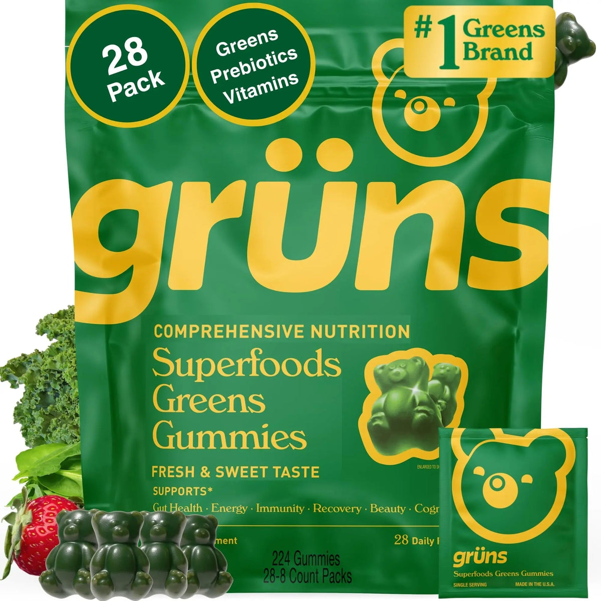 Gruns Adults Super Greens Multivitamin Gummies, Superfood Vitamin Gummy Bears with Spirulina, Chlorella, Prebiotic Fiber for Digestive Health GrünsBuy Supplements Australia