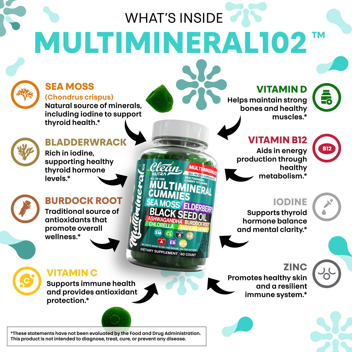 Buy supplements Sea Moss Gummies | Clinically Tested - Black Seed Oil Ashwagandha Elderberry Burdock Root Chlorella Manuka Honey - Vegan Irish Sea Moss Gummy Vitamins - Vitaza UK Supplements UK