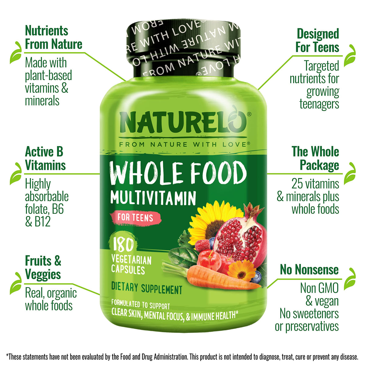 Buy supplements NATURELO Multivitamins for Teenage Girls/Boys, 180 Capsules, Whole Food Multivitamin with Minerals, Non-GMO, Vegetarian - Vitaza UK Supplements UK