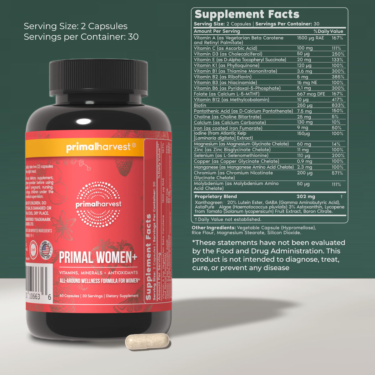 Buy supplements Primal Harvest Women+, Woman's Multivitamin Vitamin A, Vitamin C, Vitamin D and E, Vitamin B12, B6, Biotin - Vitaza UK Supplements UK
