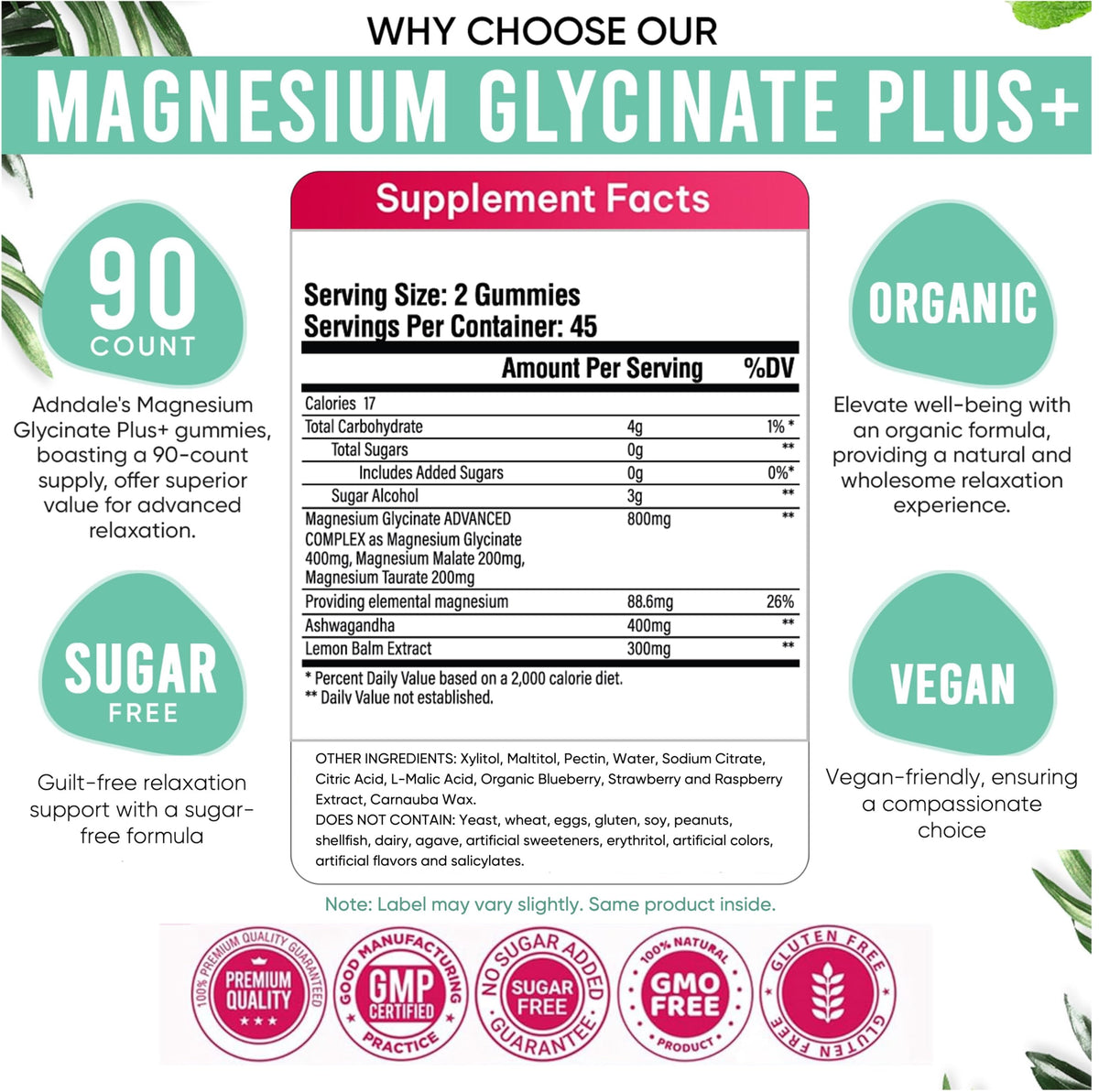 Buy supplements Adndale 90 CT Magnesium Glycinate 400 mg Gummies with Ashwagandha, Magnesium Malate & Taurate, Sugar Free Magnesium Gummies - Vitaza UK Supplements UK