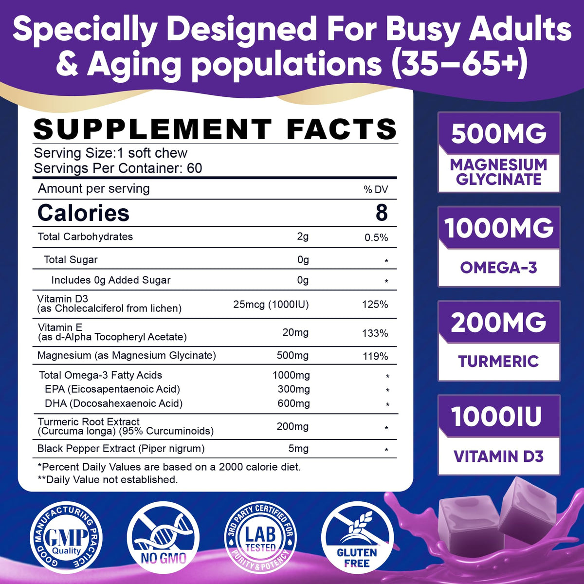 Buy supplements Magnesium Glycinate Gummies 500mg - Magnesium with Omega-3, Turmeric, Vitamin D3 & E | Magnesium Glycinate Soft Chews for Adults - Vitaza UK Supplements UK