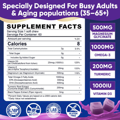 Buy supplements Magnesium Glycinate Gummies 500mg - Magnesium with Omega-3, Turmeric, Vitamin D3 & E | Magnesium Glycinate Soft Chews for Adults - Vitaza UK Supplements UK