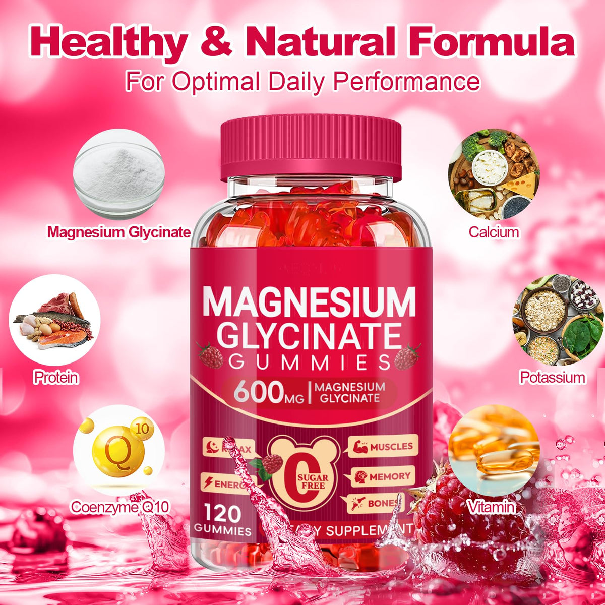 Buy supplements Magnesium Glycinate Gummies 600mg, Sugar Free Magnesium Gummies for Adults, Chewable Potassium Supplements for Body Support - Vitaza UK Supplements UK