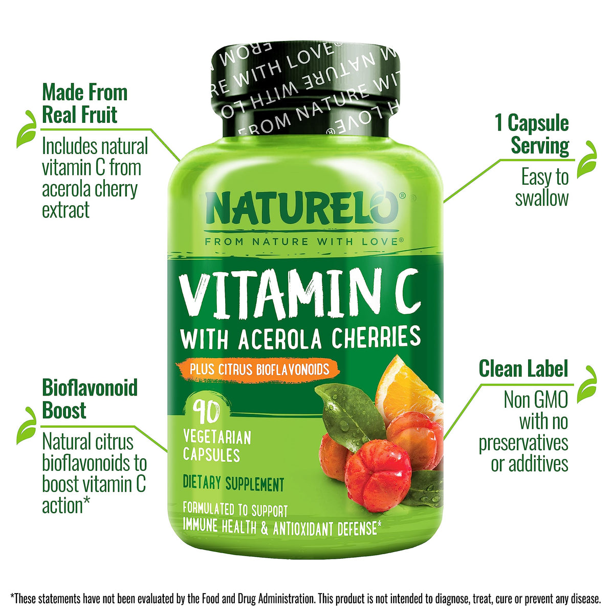 Buy supplements NATURELO Vitamin C with Organic Acerola Cherry Extract and Citrus Bioflavonoids - Vegan Supplement - Immune Support - 500 mg VIT C per Cap - Vitaza UK Supplements UK