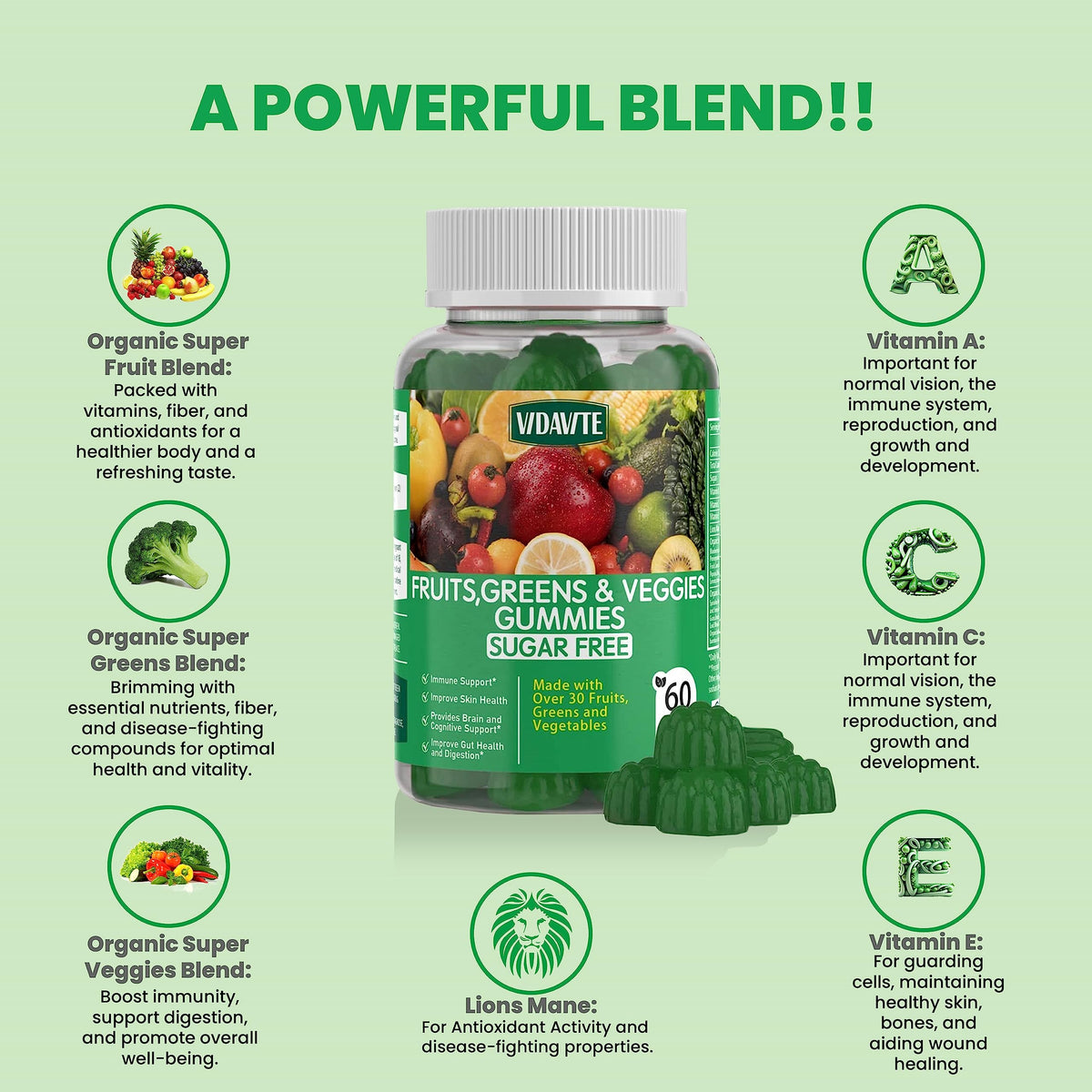 Buy supplements VIDAVITE Sugar-free Super Greens Gummies — US-Made, 35+ Fruit and Veggie gummies to Boost Immunity, Skin & Gut Health — Ideal Fruits and Vegetables Supplement - Vitaza UK Supplements UK