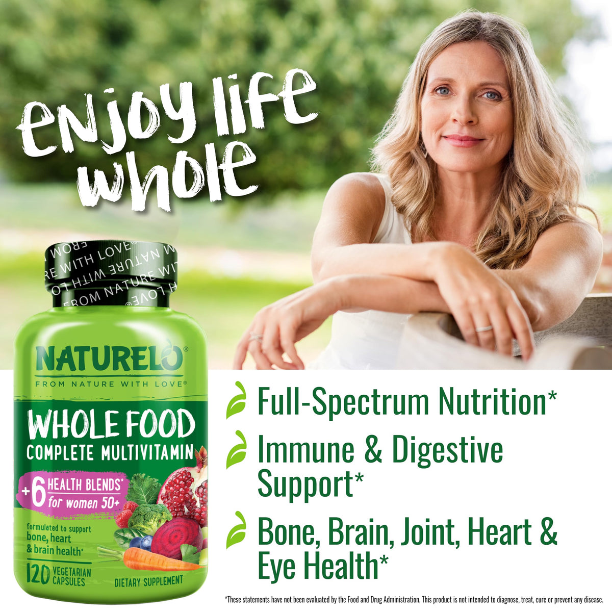 Buy supplements NATURELO Whole Food Multivitamin for Women 50+ (Iron Free) with Vitamins, Minerals, & Organic Extracts - Supplement for Post Menopausal Women Over 50 - Vitaza UK Supplements UK