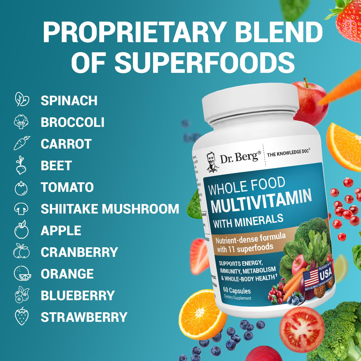Buy supplements Dr. Berg Whole Food Multivitamin with Minerals - Daily Multivitamin for Men and Women - Includes Premium Whole Food Fruits and Vegetable Blend with Folate - Vitaza UK Supplements UK