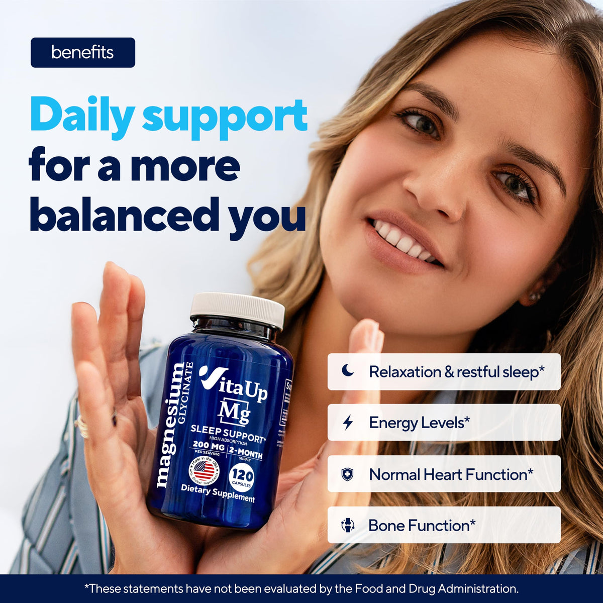 Buy supplements VitaUp Magnesium Glycinate 200mg - USA Made, Highly Absorbed, Non-GMO Magnesium for Relaxation, Deep Sleep, Bones & Heart - Vitaza UK Supplements UK