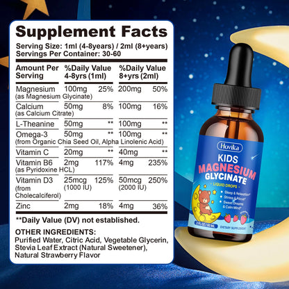 Buy supplements Magnesium Glycinate Liquid for Kids - with L-Theanine Omega-3, Vitamin B6, D3, Zinc - Kids Magnesium Drops for Sleep, Relaxation - Vitaza UK Supplements UK