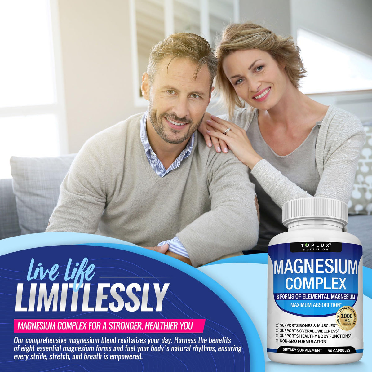 Buy supplements Magnesium Complex Supplement 8 Elemental 1000mg - Magnesium Glycinate, Citrate, Malate, Taurate, Chelated for Easy Absorption for Bones - Vitaza UK Supplements UK