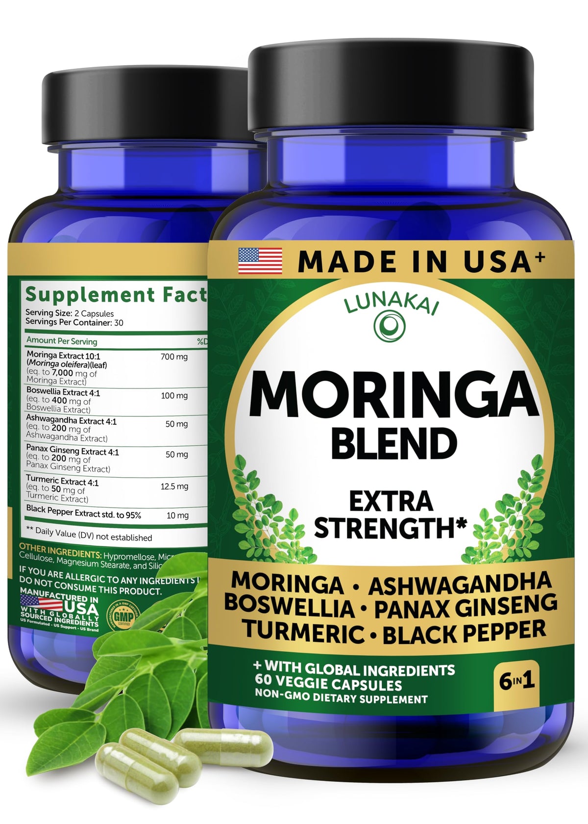 Buy supplements Lunakai USA Made Pure Moringa Capsules – Advanced Moringa Leaf Extract Supplement with Ashwagandha, Boswellia - Vitaza UK Supplements UK