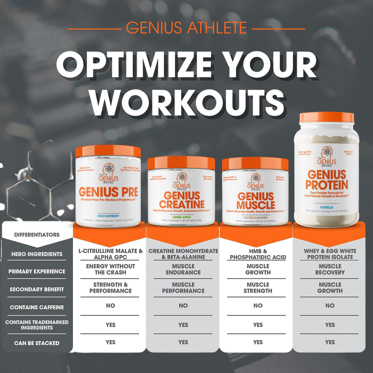 Genius Pre Workout Powder, Sour Cherry, and Genius Micronized Creatine Monohydrate Powder, Unflavored, All Natural Nootropic Pre Workout and Post Workout Supplement Stack