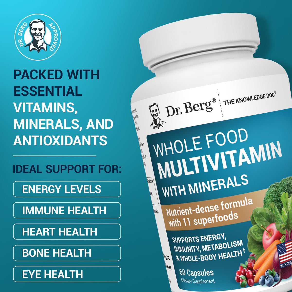 Buy supplements Dr. Berg Whole Food Multivitamin with Minerals - Daily Multivitamin for Men and Women - Includes Premium Whole Food Fruits and Vegetable Blend with Folate - Vitaza UK Supplements UK