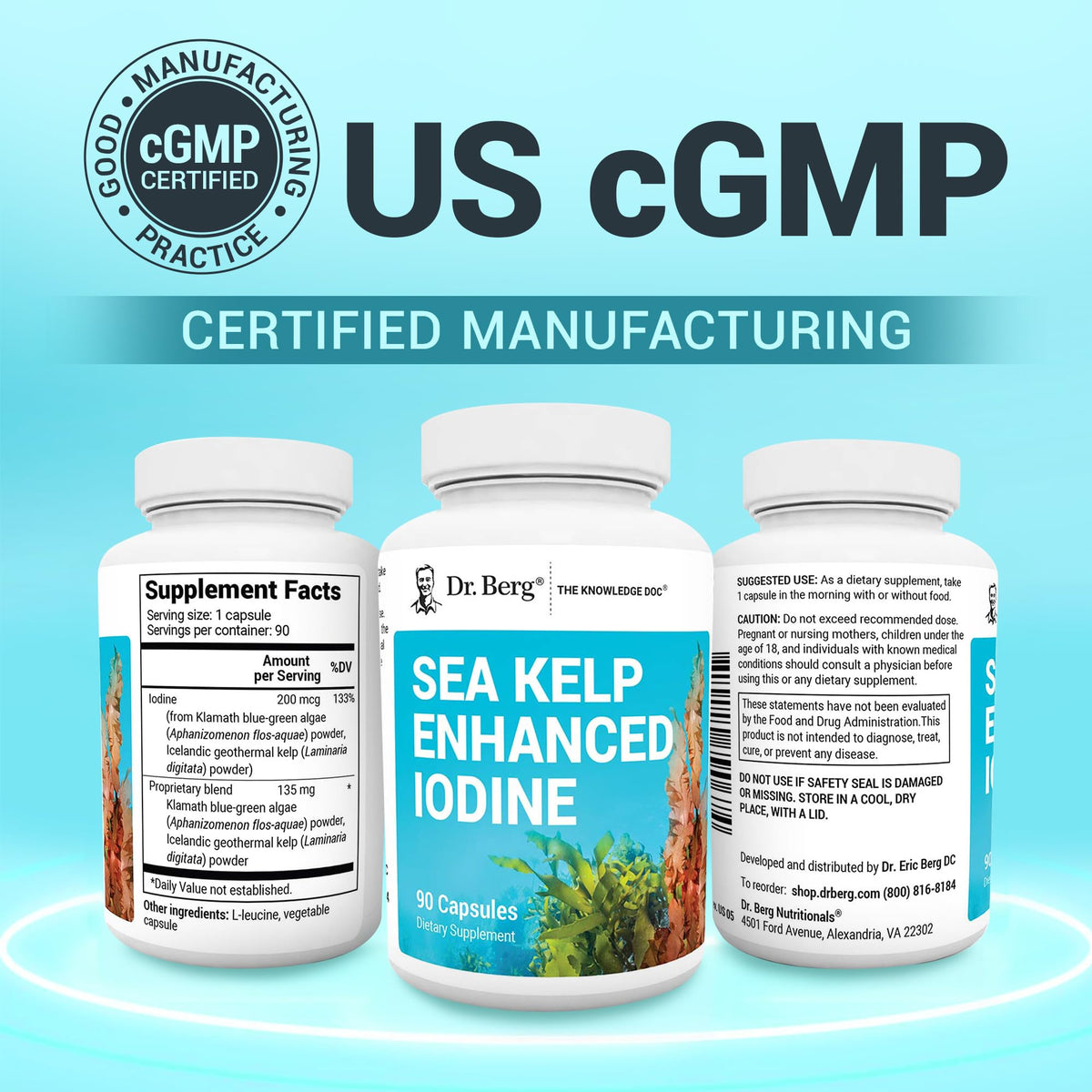 Buy supplements Dr. Berg Sea Kelp Enhanced Iodine - 200 mcg of Premium Iodine - Seaweed Blend Includes Klamath Blue-Green Algae & Sea Kelp - 90 Capsules - Vitaza UK Supplements UK