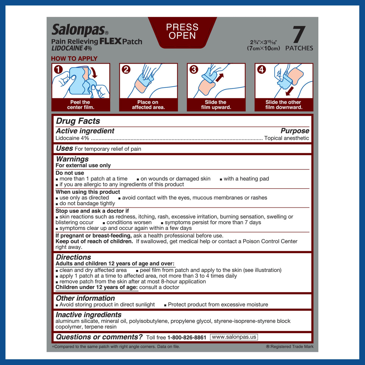 Salonpas Maximum OTC Strength Lidocaine 4% Pain Relieving Flex Patch, Apply for Up to 8 Hours, Unscented, Thin, Flexible, Lightweight, Patch Stays in Place, 7 Patches SalonpasBuy Supplements Australia