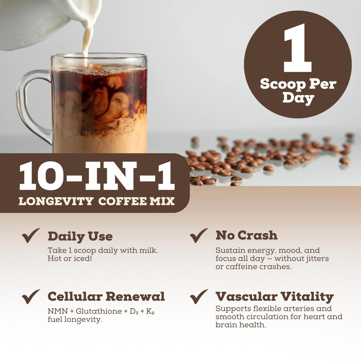 Buy supplements Black Forest Longevity Mix Liquid NAD+ Alternative Mocha Coffee 10-in-1 with NMN 250mg, Glutathione 250mg, TMG, Magnesium Glycinate, Vitamins D3 K2 C B12, High Polyphenol Cocoa, 30 Servings - Vitaza UK Supplements UK