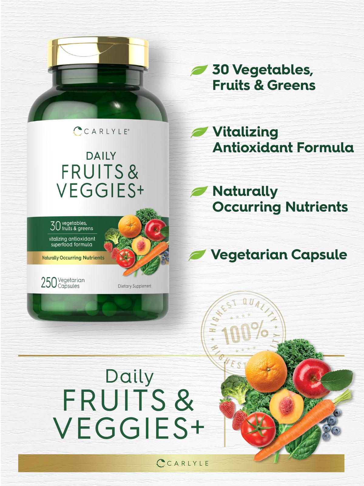 Buy supplements Carlyle Fruits and Veggies Supplement | 250 Capsules | Made with 30 Fruits and Vegetables | Vegetarian, Non-GMO, Gluten Free Superfood Formula - Vitaza UK Supplements UK