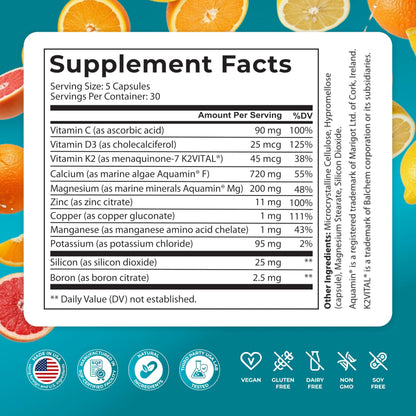 Buy supplements PUREHEALTH RESEARCH Bone Health Formula - for Bones, Joint & Skeletal Wellness - with Calcium, Magnesium, Zinc, Copper, Manganese, Potassium, Vitamin K2, D3, C - Vitaza UK Supplements UK