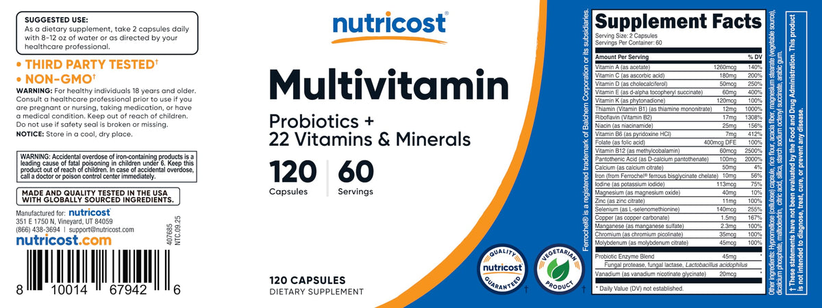 Buy supplements Nutricost Multivitamin with Probiotics 120 Vegetarian Capsules - Packed with Vitamins & Minerals - Vitaza UK Supplements UK
