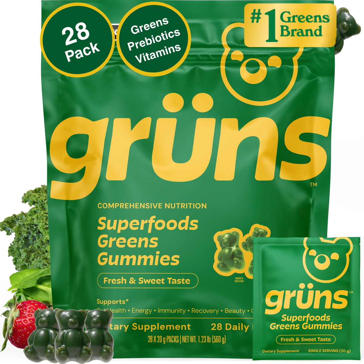 Buy supplements Gruns Adult Super Greens Multivitamin Gummies, Superfood Gummy Vitamins for Women and Men with Spirulina, Chlorella - Vitaza UK Supplements UK