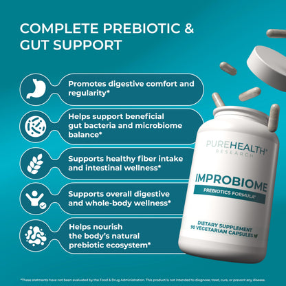 Buy supplements PUREHEALTH Research Improbiome - Prebiotic Fiber - Natural Support for Healthy Gut Prebiotics - Digestive Nutritional Supplements - with Jerusalem Artichoke, Vitaza UK Supplements UK