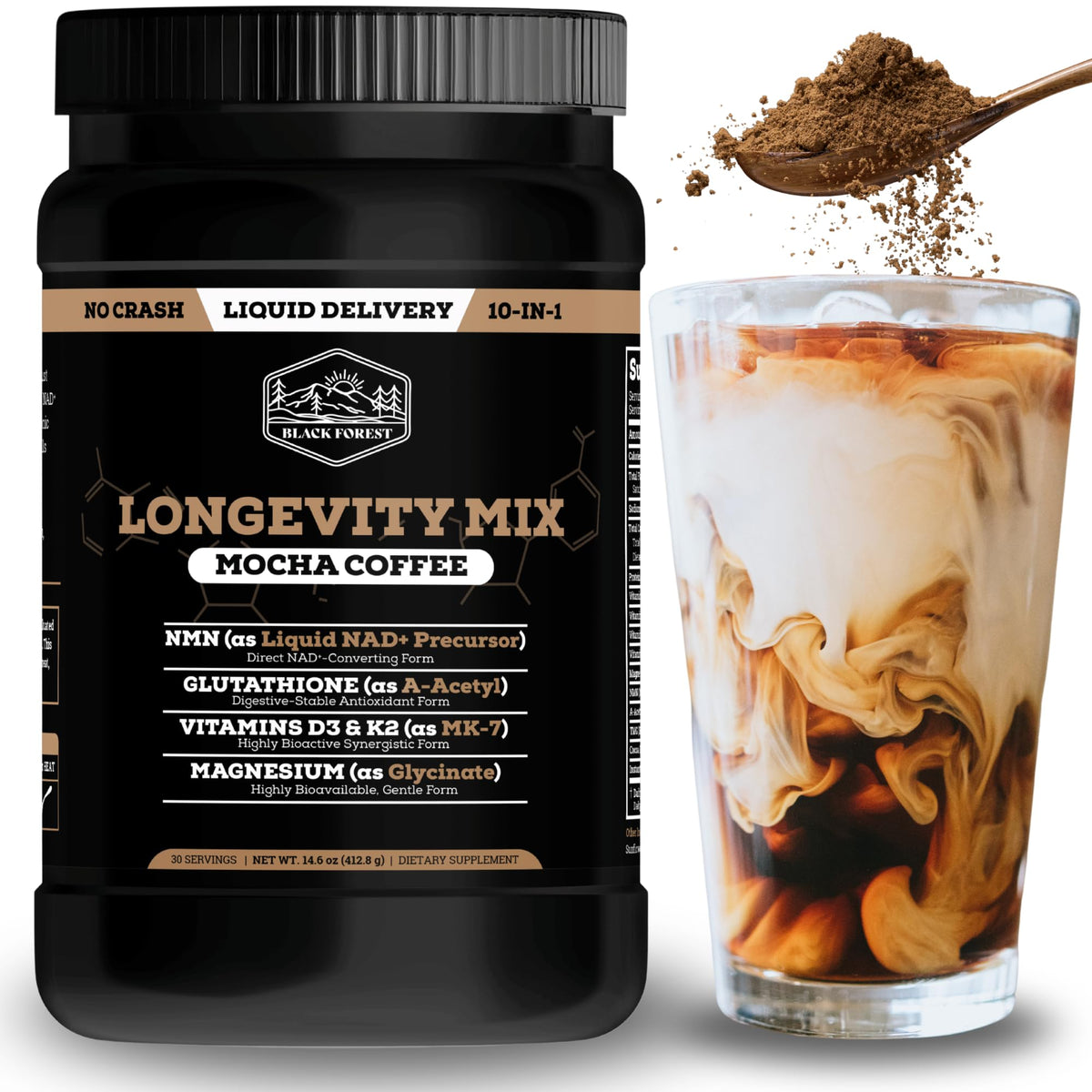 Buy supplements Black Forest Longevity Mix Liquid NAD+ Alternative Mocha Coffee 10-in-1 with NMN 250mg, Glutathione 250mg, TMG, Magnesium Glycinate, Vitamins D3 K2 C B12, High Polyphenol Cocoa, 30 Servings - Vitaza UK Supplements UK