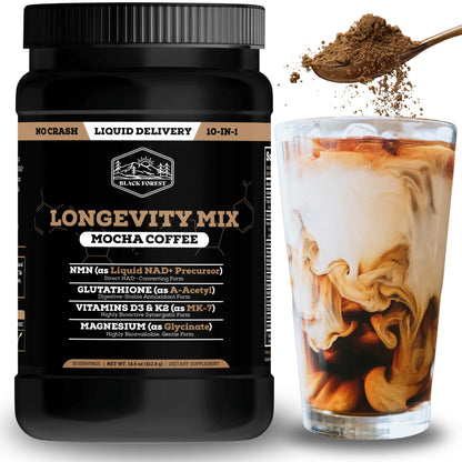 Buy supplements Black Forest Longevity Mix Liquid NAD+ Alternative Mocha Coffee 10-in-1 with NMN 250mg, Glutathione 250mg, TMG, Magnesium Glycinate, Vitamins D3 K2 C B12, High Polyphenol Cocoa, 30 Servings - Vitaza UK Supplements UK