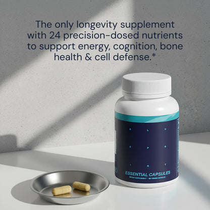 Buy supplements Blueprint Bryan Johnson Essential Capsules - Daily Multivitamin/Multimineral for Women and Men - Antioxidant Supplement with Calcium, Vitamin B1, Vitamin D, and Zinc - Vitaza UK Supplements UK