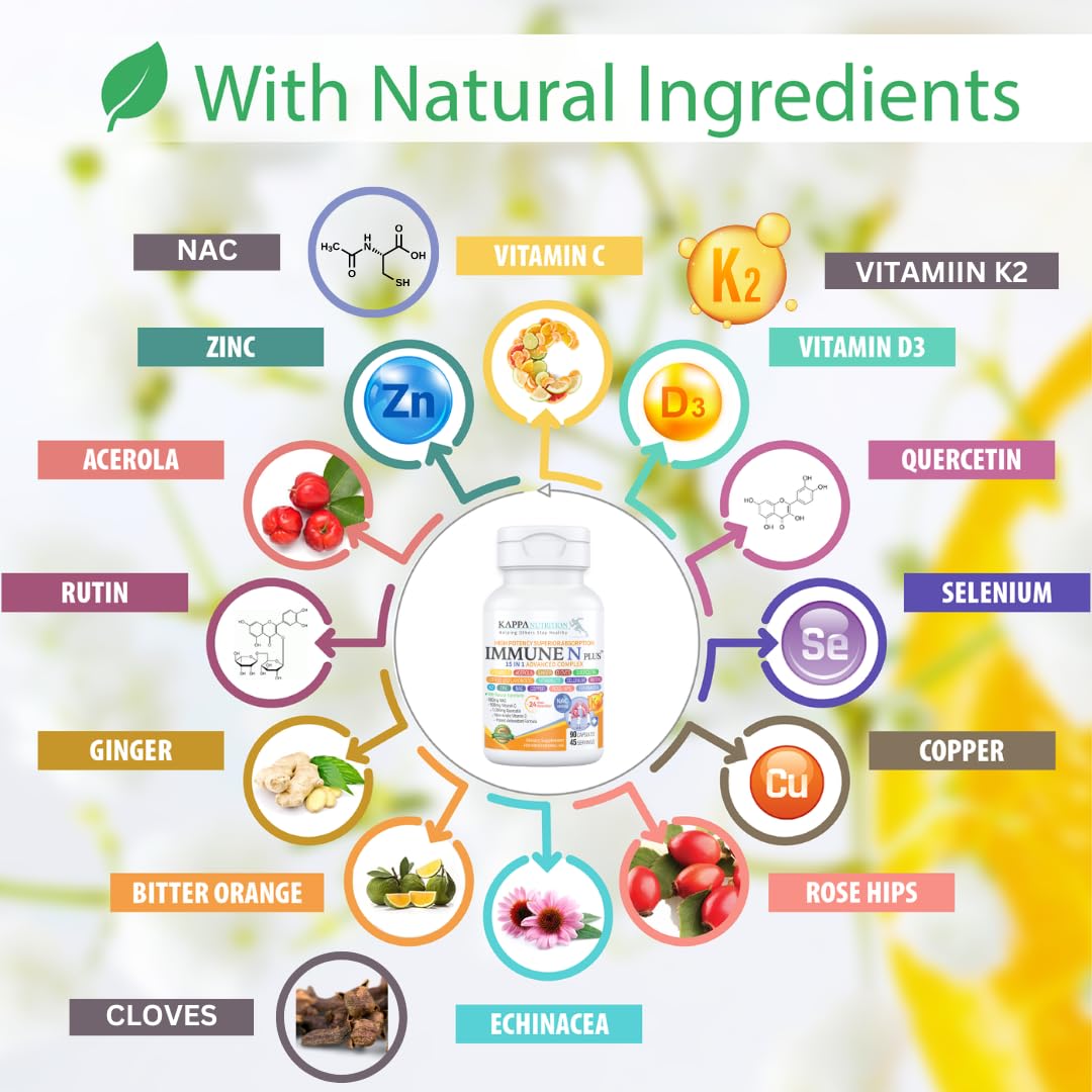 (90 Capsules), NAC 600mg, Quercetin 1,000mg, Vitamin C 500mg, Zinc 50mg, Vitamin D3 5,000iu, Selenium, Copper, Acerola, Ginger, Rutin, Citrus Bioflavonoids, Rose Hips, Echinacea, Immune N Plus 15 in 1 - Maple Wellness Supplements