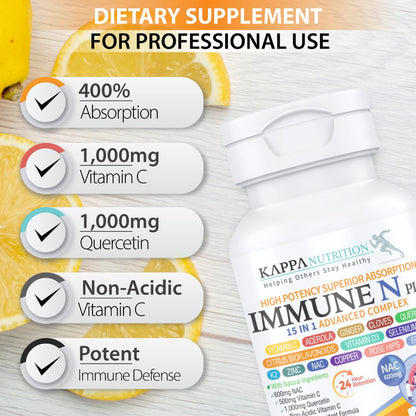 (90 Capsules), NAC 600mg, Quercetin 1,000mg, Vitamin C 500mg, Zinc 50mg, Vitamin D3 5,000iu, Selenium, Copper, Acerola, Ginger, Rutin, Citrus Bioflavonoids, Rose Hips, Echinacea, Immune N Plus 15 in 1 - Maple Wellness Supplements