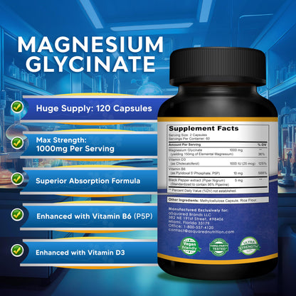 Buy supplements Magnesium Glycinate 1000mg with Vitamin D3 & B6-500mg per Capsule - Pure Elemental Mag Supplement Complex for Sleep, Muscle, Bone Health - Vitaza UK Supplements UK