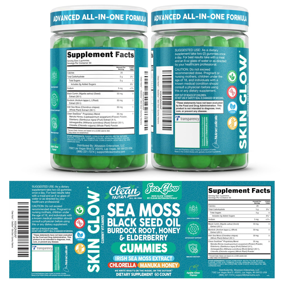Clean Nutra Sea Moss Gummies Black Seed Oil Chlorella Ashwagandha Root Hair Growth Skin Glow Irish Sea Moss Elderberry Burdock Manuka Honey Trace Minerals Detox 60 Gummy Vitamins Sea Glow Supplement Clean NutraceuticalsBuy Supplements Australia