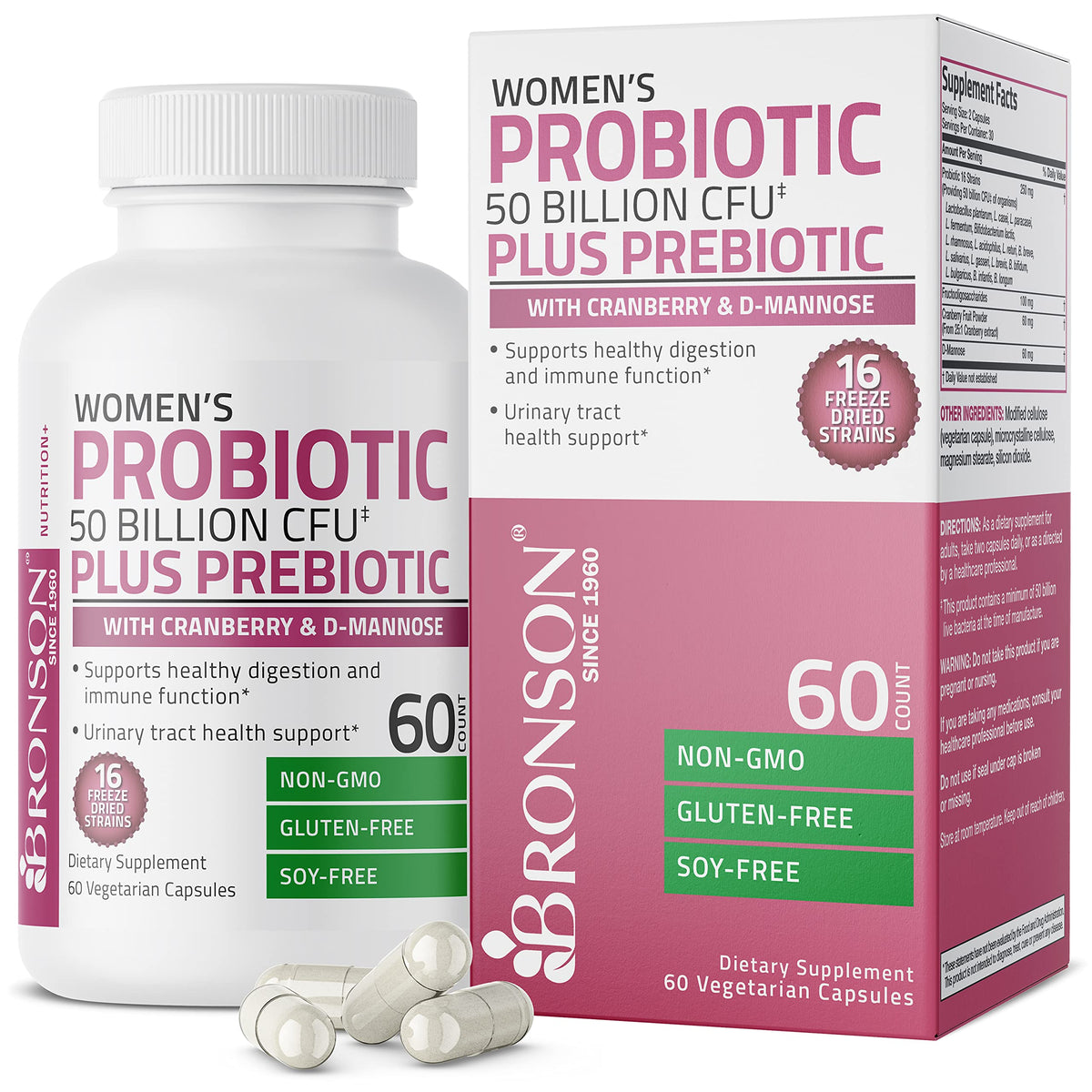 Buy supplements Bronson Women's Probiotic 50 Billion CFU + Prebiotic with Cranberry & D-Mannose – Vaginal Health, Healthy Digestion, Immune Function and Urinary Tract Support, Non-GMO, 60 Vegetarian Capsules - Vitaza UK Supplements UK