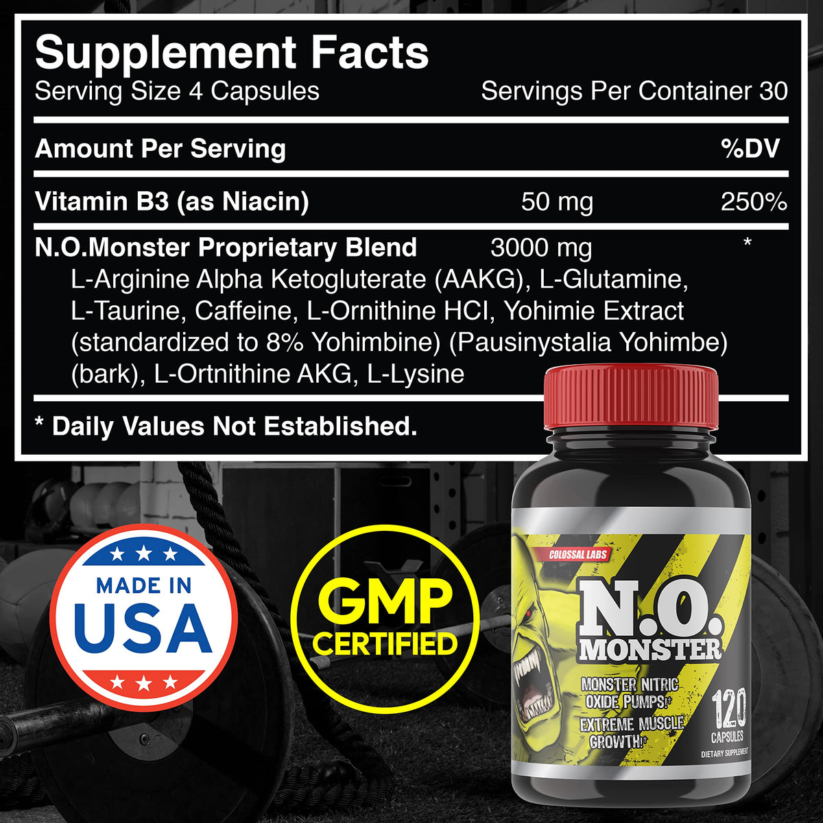 Colossal Labs Nitric Oxide Booster with L-Arginine, Extreme Pumps to Build Strength and Muscle, Pre-Workout, 120 Capsules per Bottle