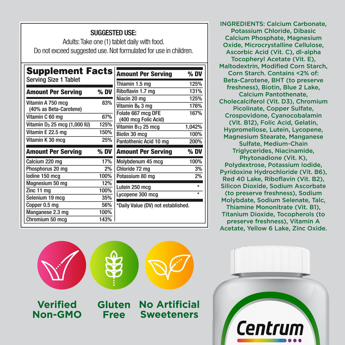 Buy supplements Centrum Silver Multivitamin for Adults 50 Plus, Multivitamin/Multimineral Supplement, Vitamin D3, B Vitamins, Gluten Free, Non-GMO Ingredients - Vitaza UK Supplements UK