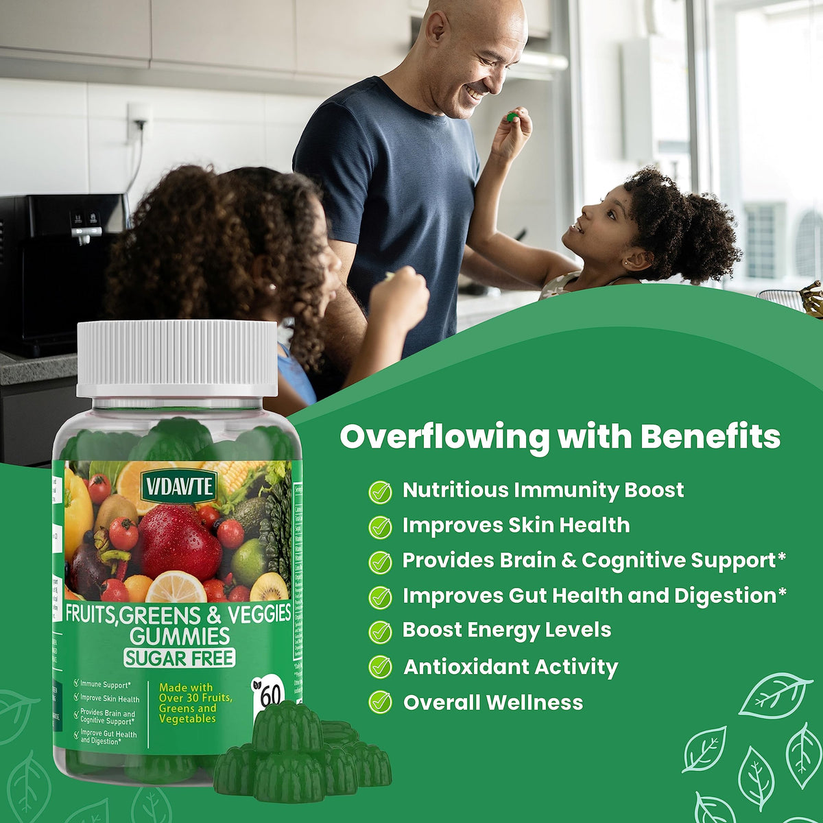 Buy supplements VIDAVITE Sugar-free Super Greens Gummies — US-Made, 35+ Fruit and Veggie gummies to Boost Immunity, Skin & Gut Health — Ideal Fruits and Vegetables Supplement - Vitaza UK Supplements UK