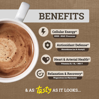 Buy supplements Black Forest Longevity Mix Liquid NAD+ Alternative Mocha Coffee 10-in-1 with NMN 250mg, Glutathione 250mg, TMG, Magnesium Glycinate, Vitamins D3 K2 C B12, High Polyphenol Cocoa, 30 Servings - Vitaza UK Supplements UK