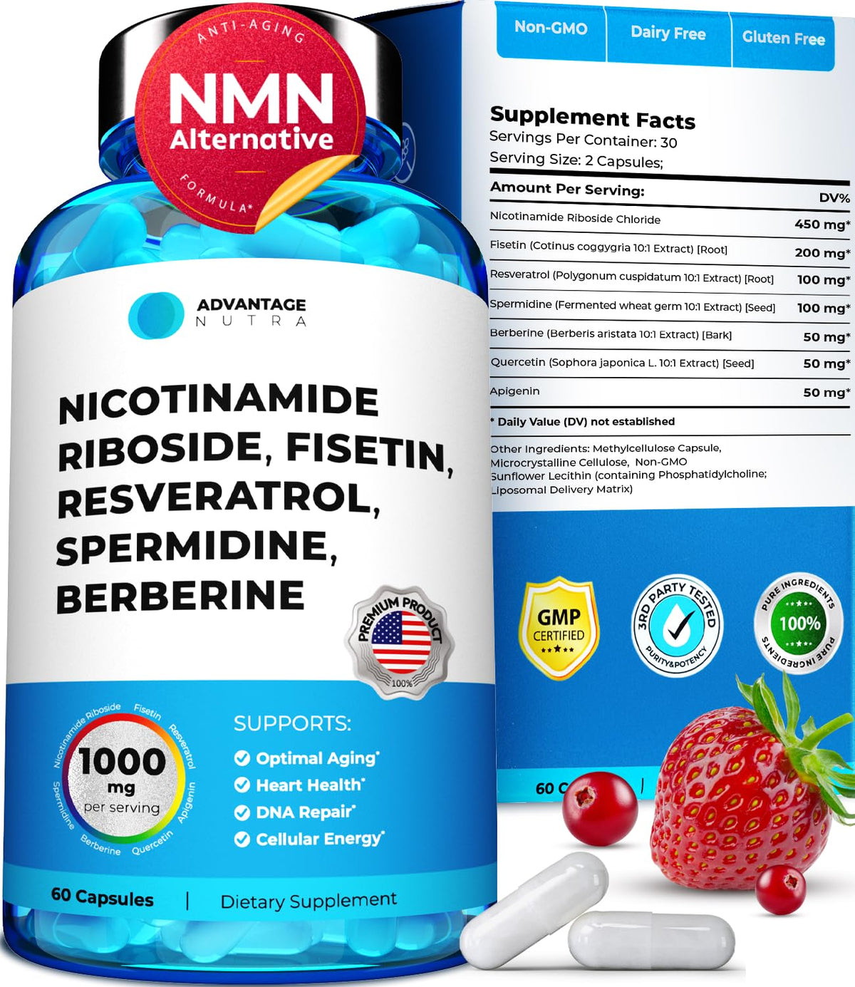 AdvantageNutra Liposomal Nicotinamide Riboside NR Supplement Resveratrol NAD : Nicotinamide 500mg w/Fisetin, Resveratrol Powder Spermidine Berberine NAD Resveratrol Supplement 500 mg - 60 caps 1 Pack - Maple Wellness Supplements