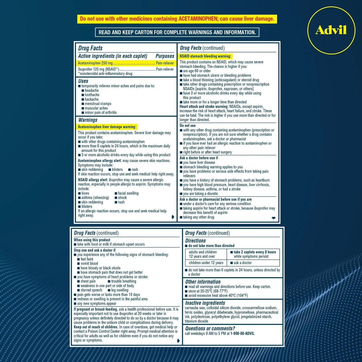 Advil Dual Action Coated Caplets, 125 Mg Ibuprofen and 250 Mg Acetaminophen per Dose (2 Dose Equivalent) for 8 Hour Pain Relief - 216 Count - Maple Wellness Supplements