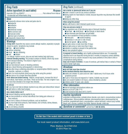 Advil Ibuprofen Tablets, 200 mg Pain Reliever/Fever Reducer (NSAID), 100 Tablets (50 Packets of 2 Tablets Each) - Maple Wellness Supplements