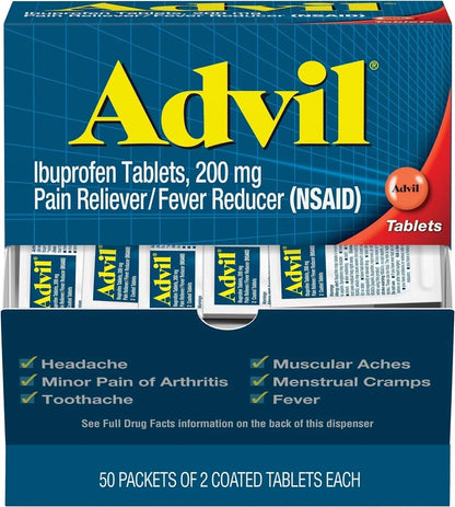 Advil Ibuprofen Tablets, 200 mg Pain Reliever/Fever Reducer (NSAID), 100 Tablets (50 Packets of 2 Tablets Each) - Maple Wellness Supplements