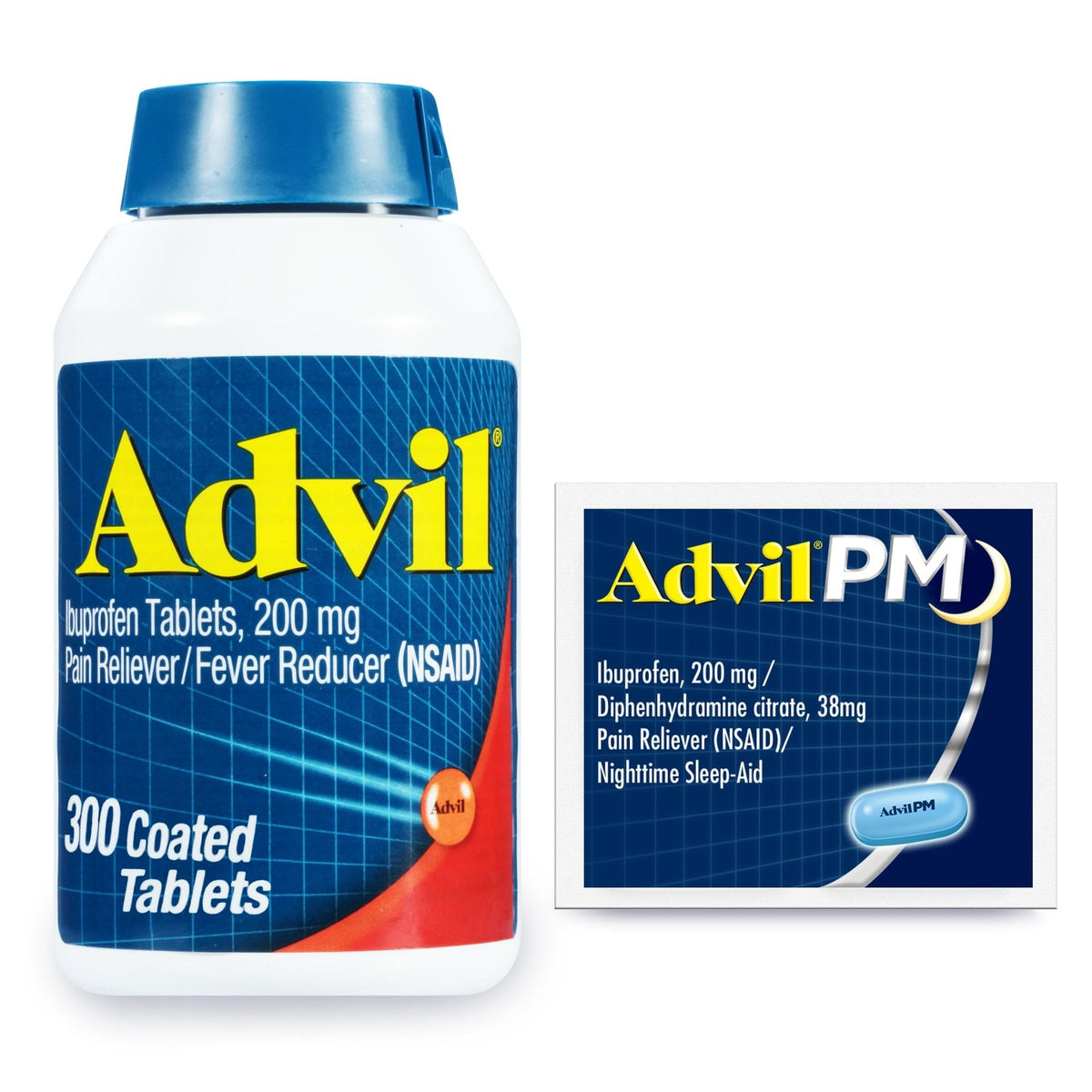 Advil Pain Reliever and Fever Reducer, Ibuprofen 200mg for Pain Relief - 300 Count, Advil PM Pain Reliever and Nighttime Sleep Aid, Ibuprofen for Pain Relief and Diphenhydramine Citrate - 2 Count - Maple Wellness Supplements