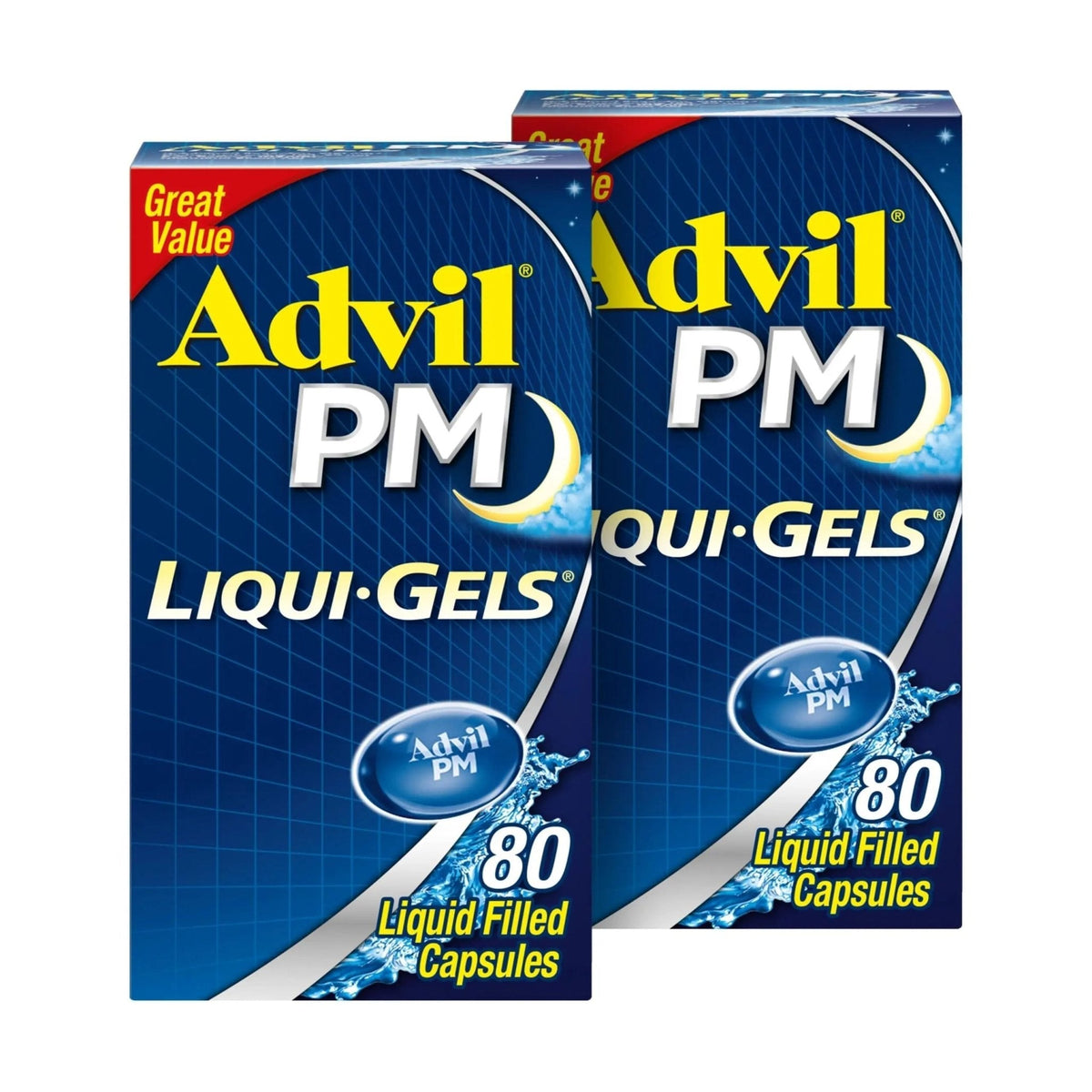 Advil PM Liqui-Gels Pain Reliever and Nighttime Sleep Aid, Pain Medicine with Ibuprofen for Pain Relief and Diphenhydramine HCL for a Sleep Aid - 2x80 Liquid Filled Capsules - Maple Wellness Supplements