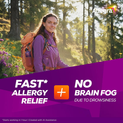 Allegra Adult 24-Hour Allergy Relief Tablets, Non-Drowsy Indoor and Outdoor Allergy Medicine, 180 mg Fexofenadine HCI Antihistamine Pill, 100-Count - Maple Wellness Supplements