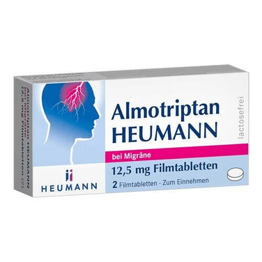 Buy ​Almotriptan HEUMANN for Migraine 12.5 mg film-coated tablets, 2 pcs - Vitaza UK Supplements UK