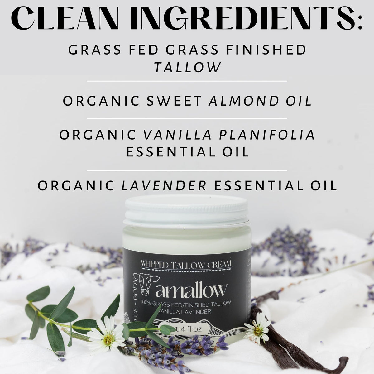 Amallow 100% Grass Fed Beef Tallow for Skin Care - Face + Body - Whipped Moisturizer - Natural Lotion, 4 FL. oz. (Vanilla Lavender) - Maple Wellness Supplements