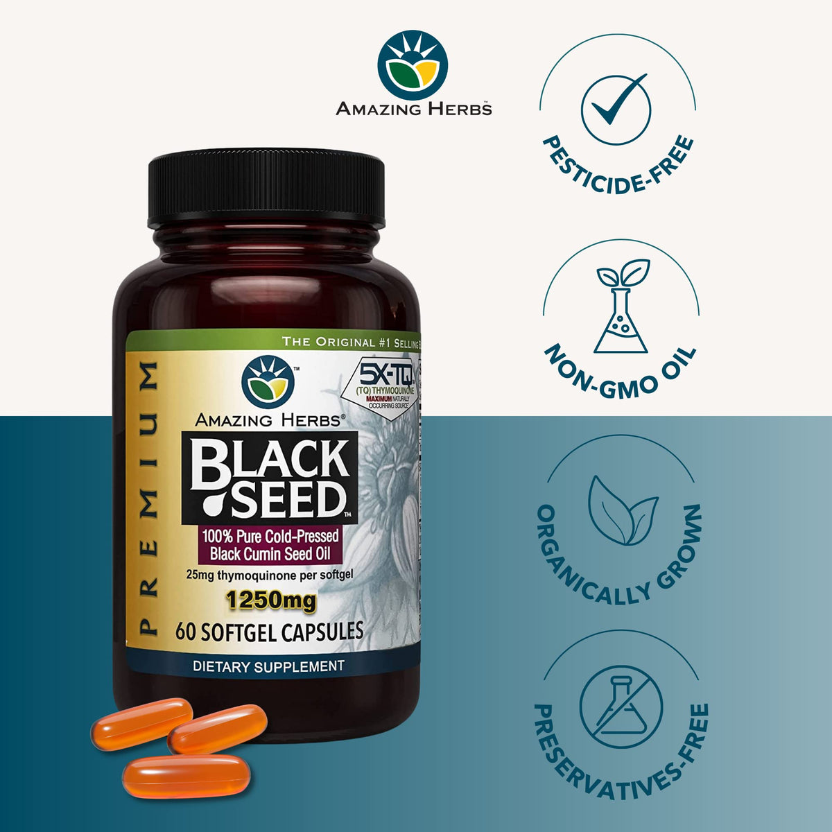 Amazing Herbs Premium Capsules - High Potency, Cold Pressed Nigella Sativa Aids in Digestive Health - Maple Wellness Supplements