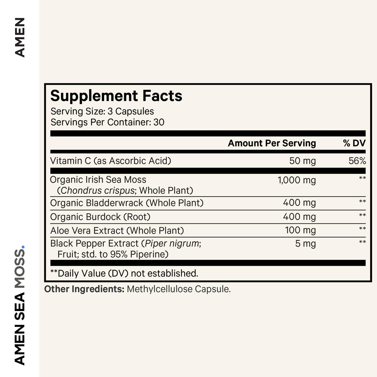 Amen Sea Moss Supplement - 1000mg Organic Irish Sea Moss, Bladderwrack, Burdock - Vitamin C, Aloe Vera, Black Pepper - Seaweed Superfood, Vitamins, Minerals, and Antioxidants - Non-GMO - 90 Capsules - Maple Wellness Supplements